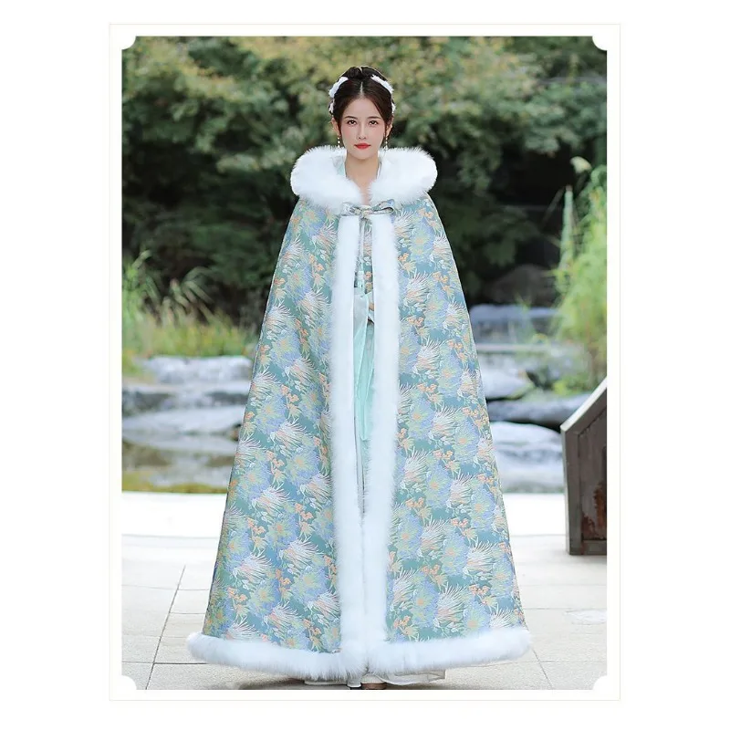 

Утолщенная теплая зимняя накидка с шерстяным воротником, накидка Hanfu, шаль, внешняя шляпа башни в китайском стиле, супер длинная устойчивая зимняя холодная накидка