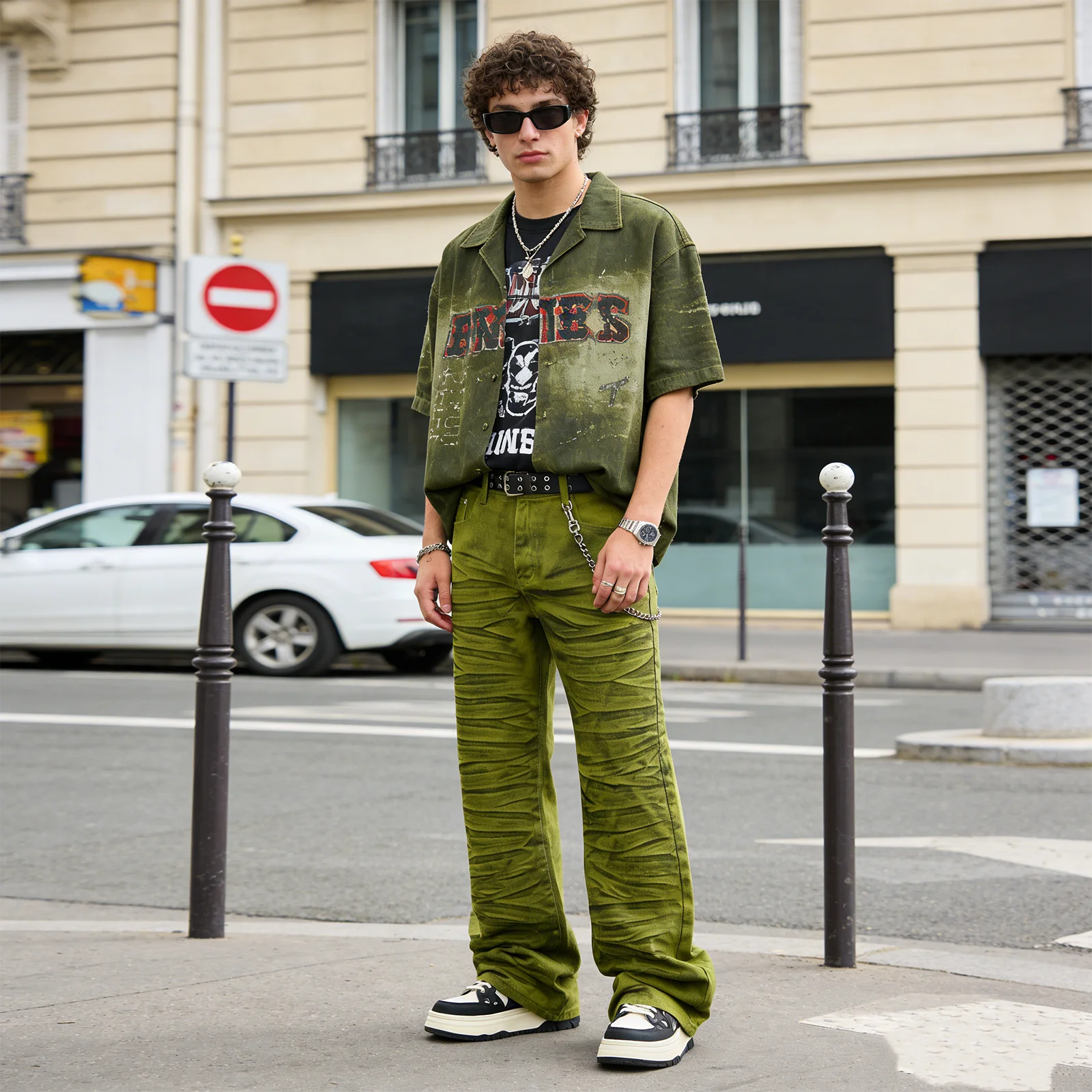 

Vintage Distressed Lime Green Striped Flared Jeans Mens Skinny Flare Denim Trousers Harajuku Hip Hop Washed Jeans Streetwear