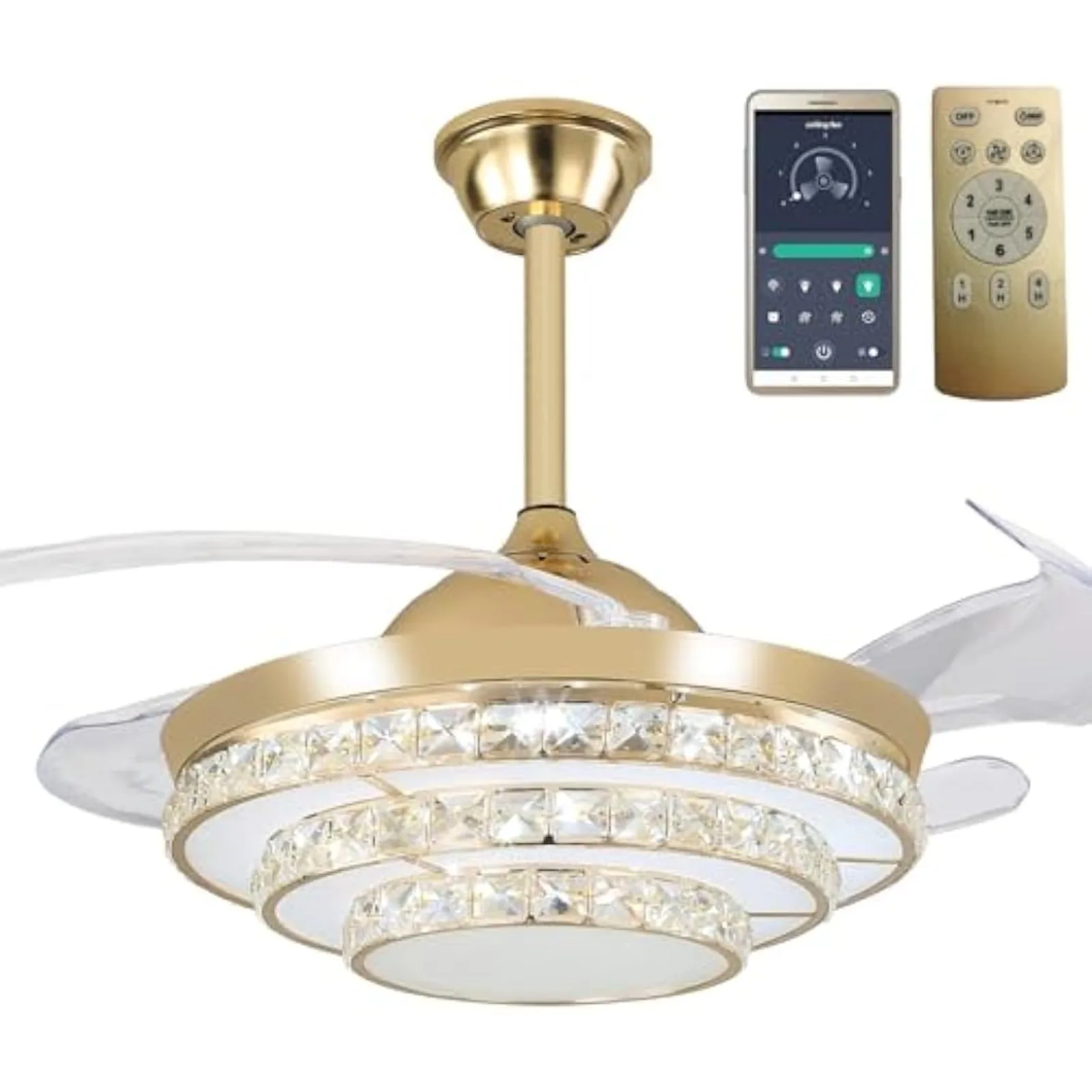 Ventilatore da soffitto retrattile in oro usa con luce e telecomando, ventilatore moderno in cristallo a 4 pale a 6 velocità a 3 colori da 42 pollici