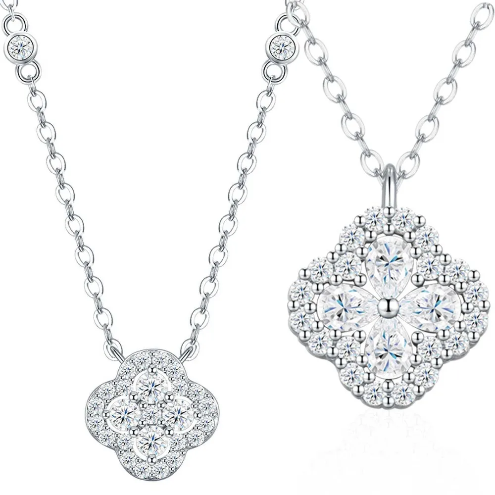 

925 Sterling Silver Iced Clover Moissanite Necklace for Women Girl Lightweight Minimalist Flower Clavicle Necklaces Pass Tester