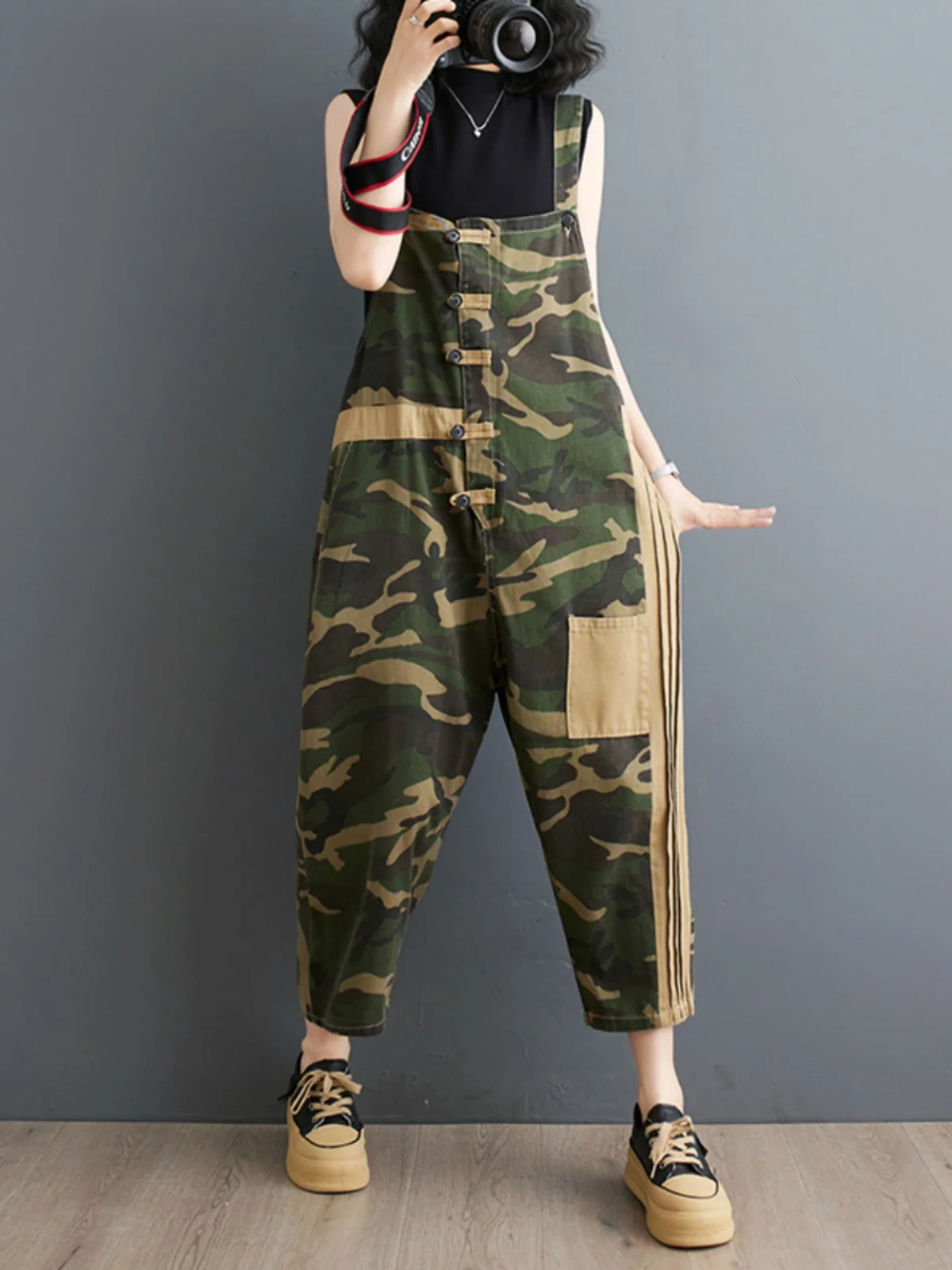 Faionable Sommer 2025, lockere Übergröße, Camouflage, Retro-Sle-Denim-Overalls, schlankmachende Harajuku-Hosen, hohe Taille, neun Stück