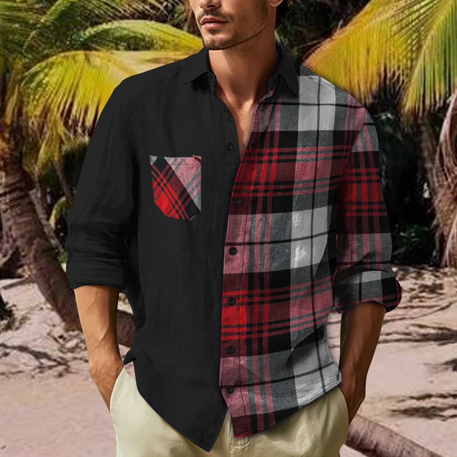 Men's 2024 Fashion benchmark lapel casual plaid patchwork pocket long sleeve shirt Street youth fashion with loose top