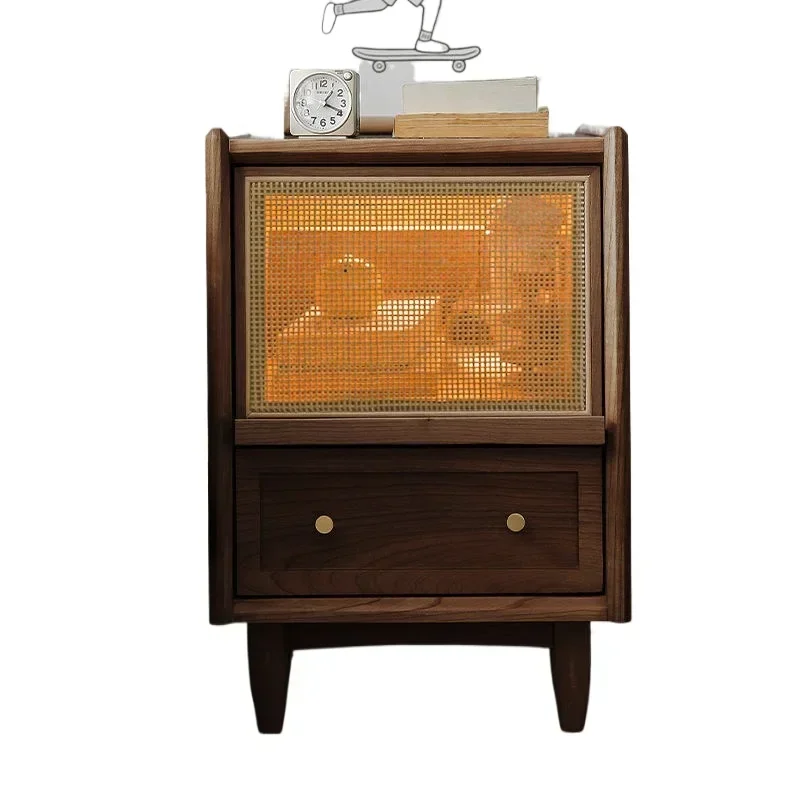 

Modern simple bedside table Solid wood small size Integrated bedside table with lamp Small bedroom Rattan storage Narrow cabinet