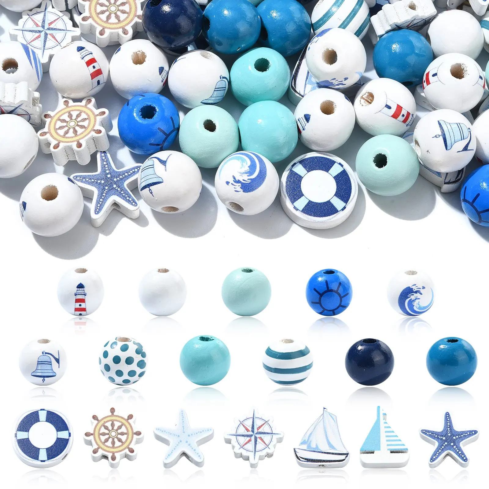 Pandahall 100Pcs Random Nautical Wooden Beads Blue Series Travel Beads Summer Ocean Animal Spacer Beads for DIY Jewelry Making