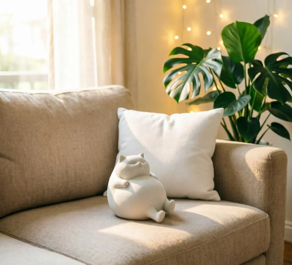 Chubby White Cat Figurine 3D Print Relaxing Decor Desk Accessory Cozy Gift Modern Home Accent Cute Design
