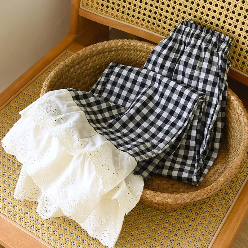 

Double Layer Lace Pure Cotton Sleep Bottoms Women Elastic Waist Splicing Plaid Ankle-Length Pants Cute Beautiful Flared Pants