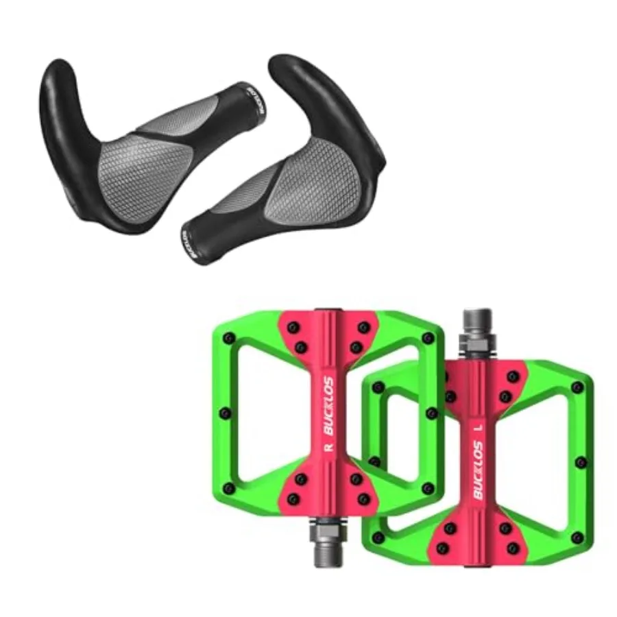 

MTB Flat Pedals Mountain Bike Pedals Green+Red with Single Lock-on Bike Handlebar Grips Ergonomic Mountain Bicycle Handle Grips