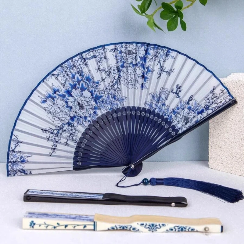 Blue White Porcelain Pattern Bamboo Folding Fan Portable Summer Cooling Daily Fan for Women Hanfu Cheongsam Dance Chinese Gift