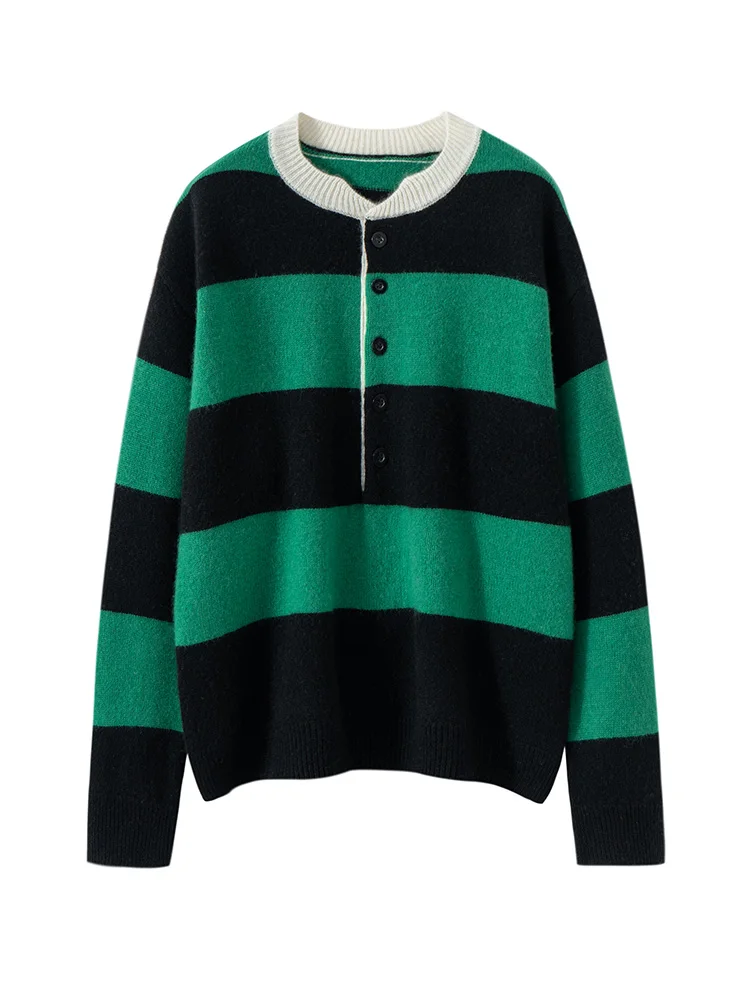

Striped Contrast Color Pullover Sweater 100% Cashmere Women's Sweater Autumn Winter Pullover O-Neck Button Up Collar Warm Knit