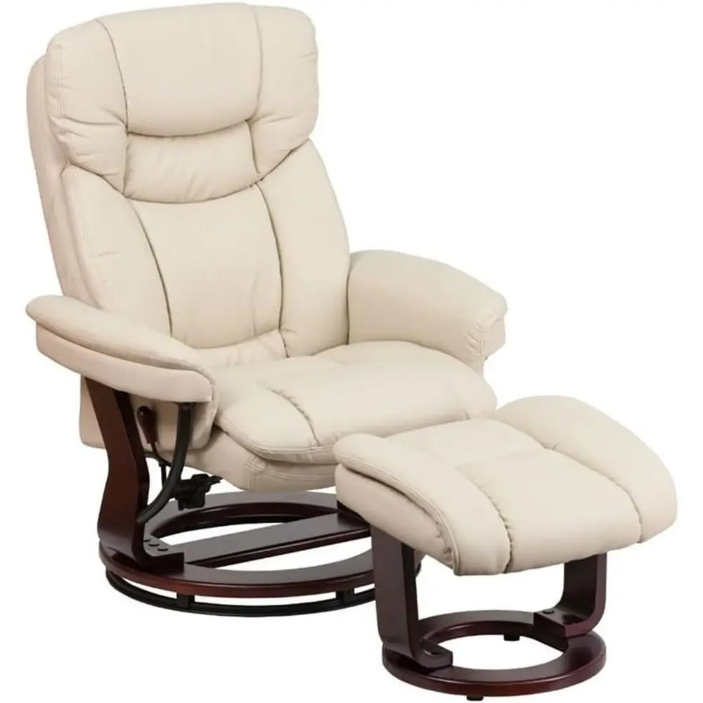 

Beige Eucalyptus Wood Swivel Recliner with Ottoman, Plush Leather Upholstery, Adjustable Recline for Living or Bedroom