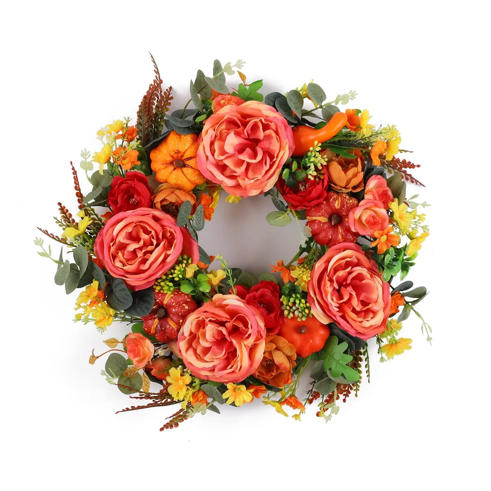 

45cm Thanksgiving Fall Peony Pumpkin Wreath Simulation Garland for Front Door Farmhouse Decor Festival Celebration Wreath