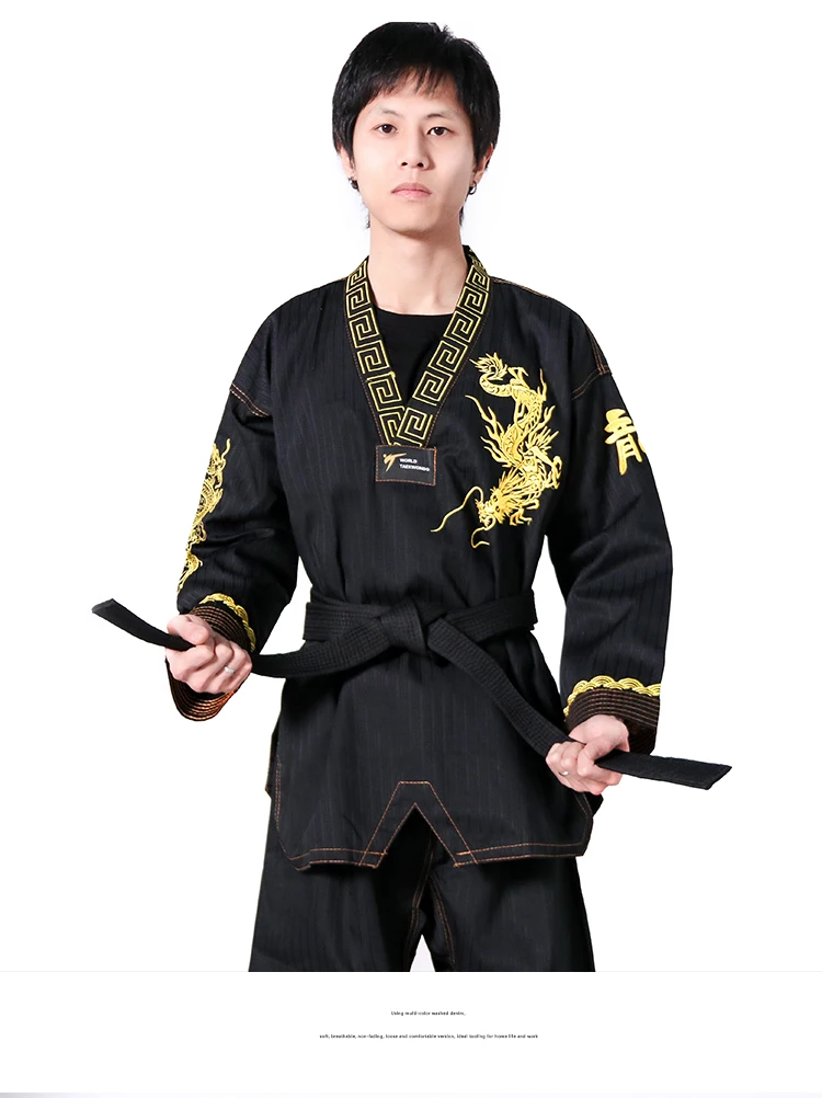 High Quality Taekwondo Uniform Black WT Dobok Tae Kwon Do MMA Martial Arts Karate Suits Embroidered Dragon Pattern