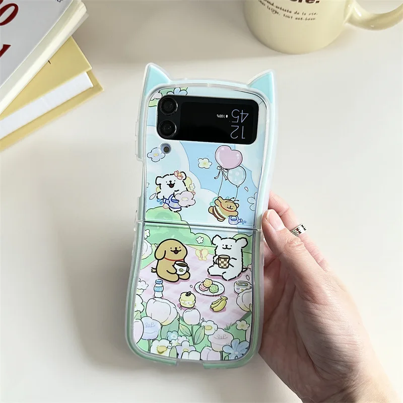 Picnic Puppy Cute 3D Ear Phone Case for Samsung Galaxy ZFlip3 ZFlip4 ZFlip5 ZFlip6 Hard PC Back Cover for Z Flip 6 Case Shell