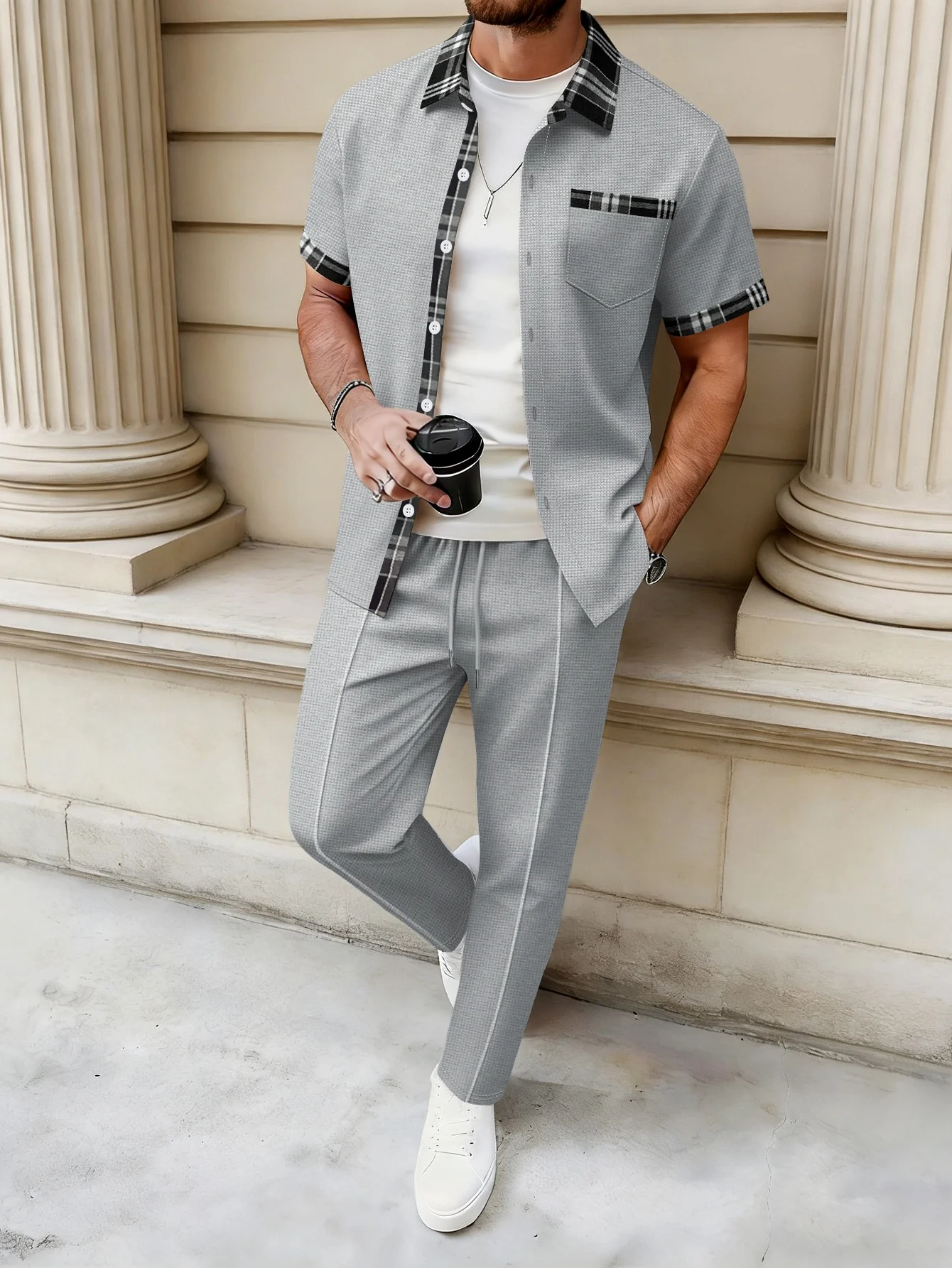 Immagine 5: Set da uomo in maglia waffle a 2 pezzi con camicia e pantaloni con bordi a quadri e bottoni, taglie S-3XL