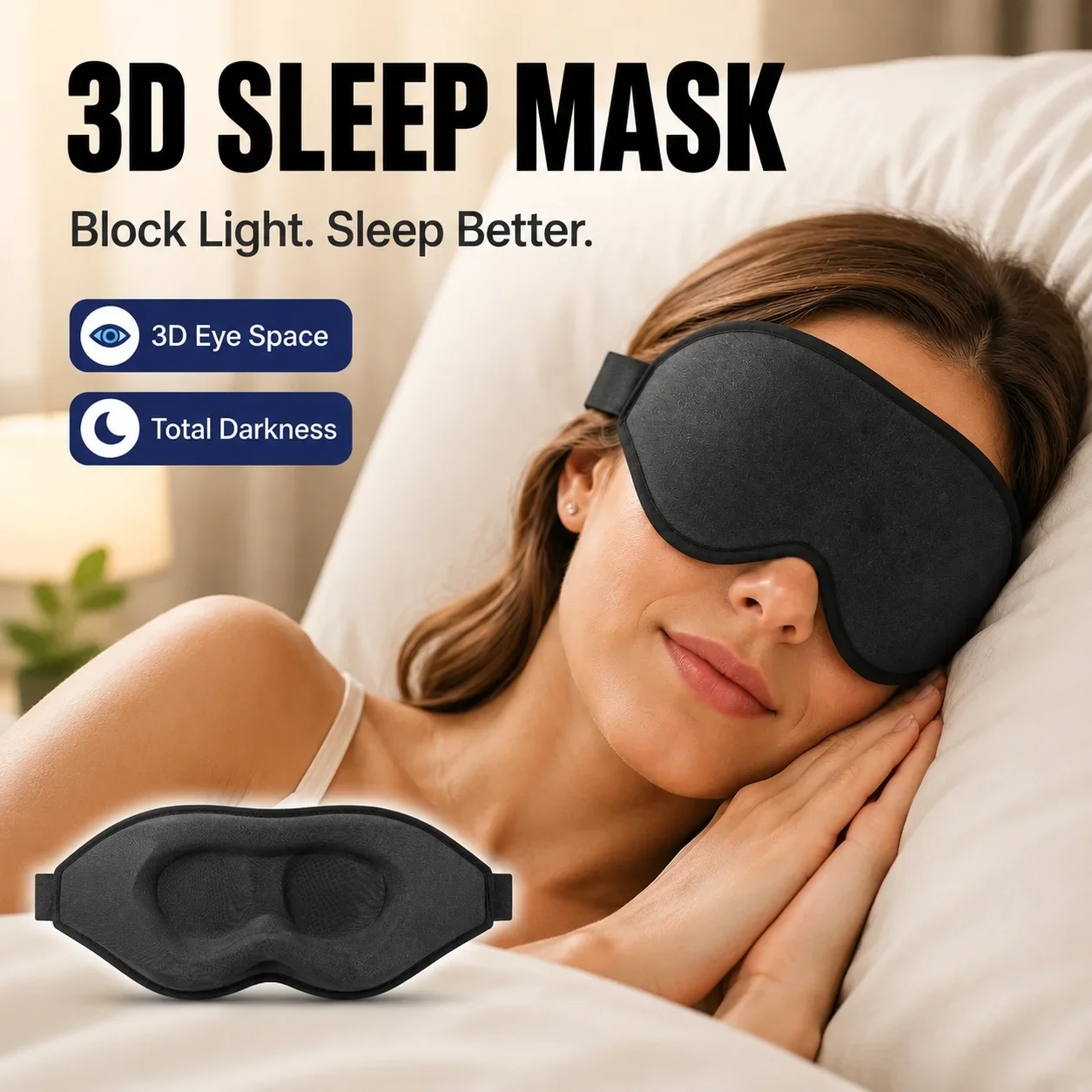 3D Contoured Memory Foam Sleep Eye Mask Zero Pressure Light Blocking Blindfold Adjustable Strap Travel Sleeping Mask for Side Sl