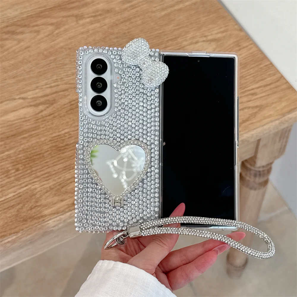 Luxury Diamond Bow With Heart Mirror Holder Phone case for Samsung Galaxy Z Fold 7 6 5 4 Fold 6 Fold 5 6 Cover Shockproof Cover
