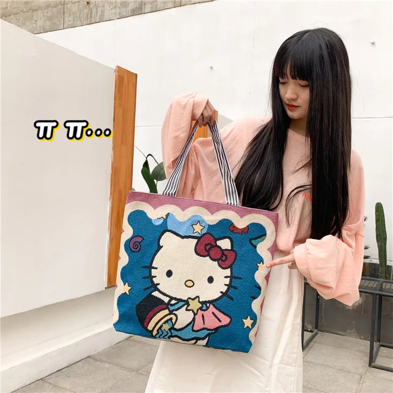 Simple and Stylish Blue Hello Kitty Cartoon Cute Canvas Bag Commuter Portable Shoulder Tote Large Bag