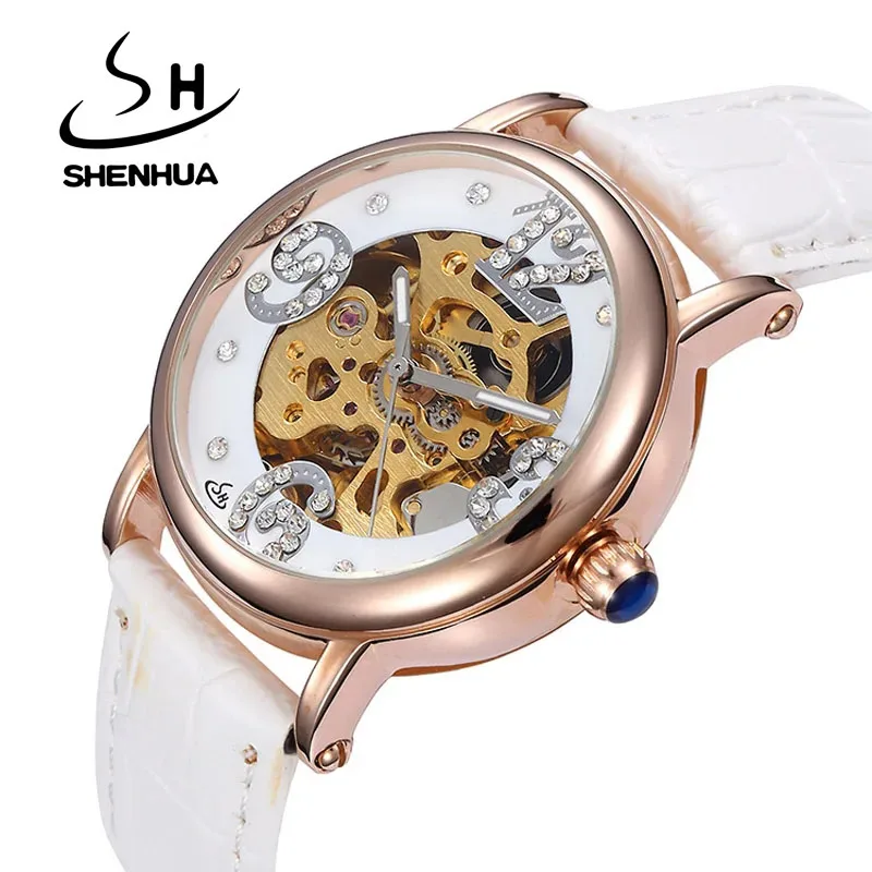 SHENHUA reloj mecánico automático para mujer, reloj elegante con esfera de diamante, puntero luminoso, resistente al agua