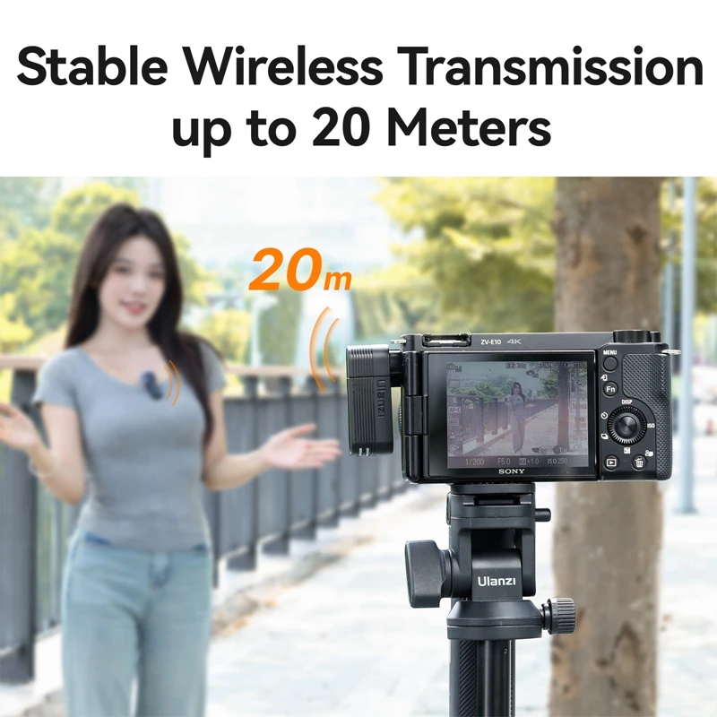 Micrófono de solapa inalámbrico Ulanzi A100 con transmisión de 20 metros para entrevistas callejeras, vlogs y grabación de música para smartphones y cámaras 6