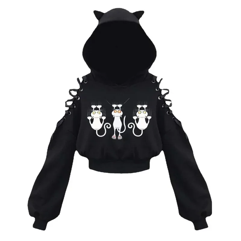 Japanese Retro Subculture Kawaii Cat Print Hoodies Autumn New Hollow-out Design Black Hoodie Women's Street Fashion Short Tops