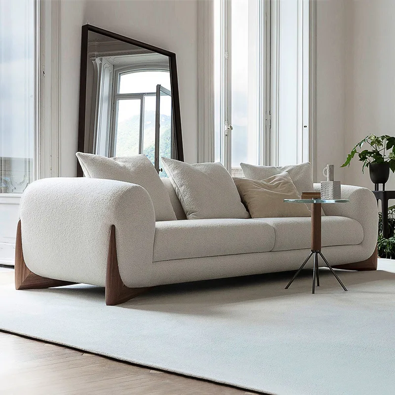 

Cream style lamb cashmere log solid wood sofa, quiet style, simple living room, large and small family type, combined fabric sof