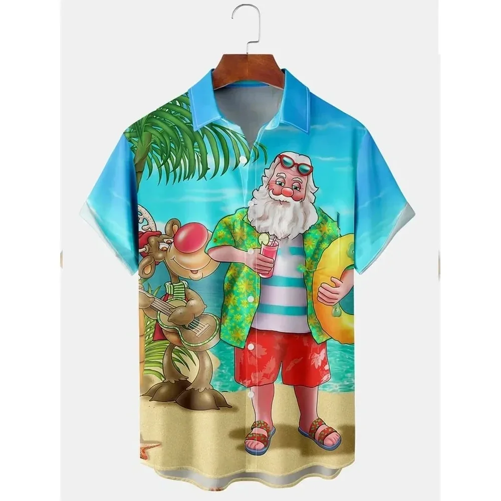 Men\'s Shirts Christmas Graphic Santa Claus Hawaiian Harajuku Tops Short Print Tee Lapel Fashion Holiday Oversized Clothes