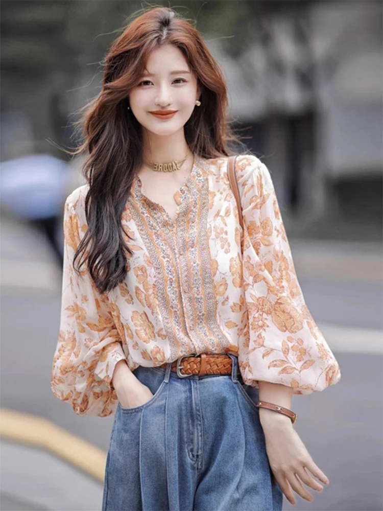 

Retro Floral Women's Shirt Spring Summer Fashion plus Size Slimming Chiffon Top Layered Wear Base Layer Shirt Autumn