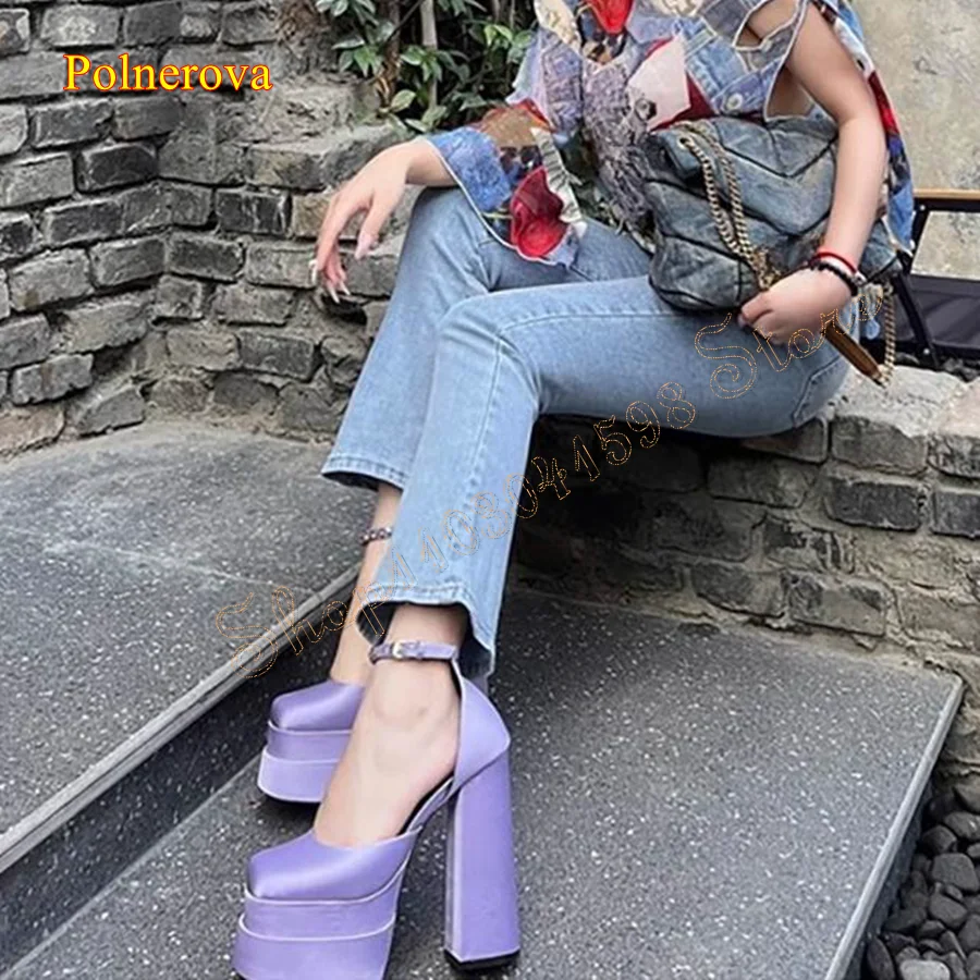 

Purple Satin Flat Toe High Heels,Thick Sole Thick Heel Women's Shoes Crystal Buckle High Heel Shoes 2024 New Zapatos Para Mujere