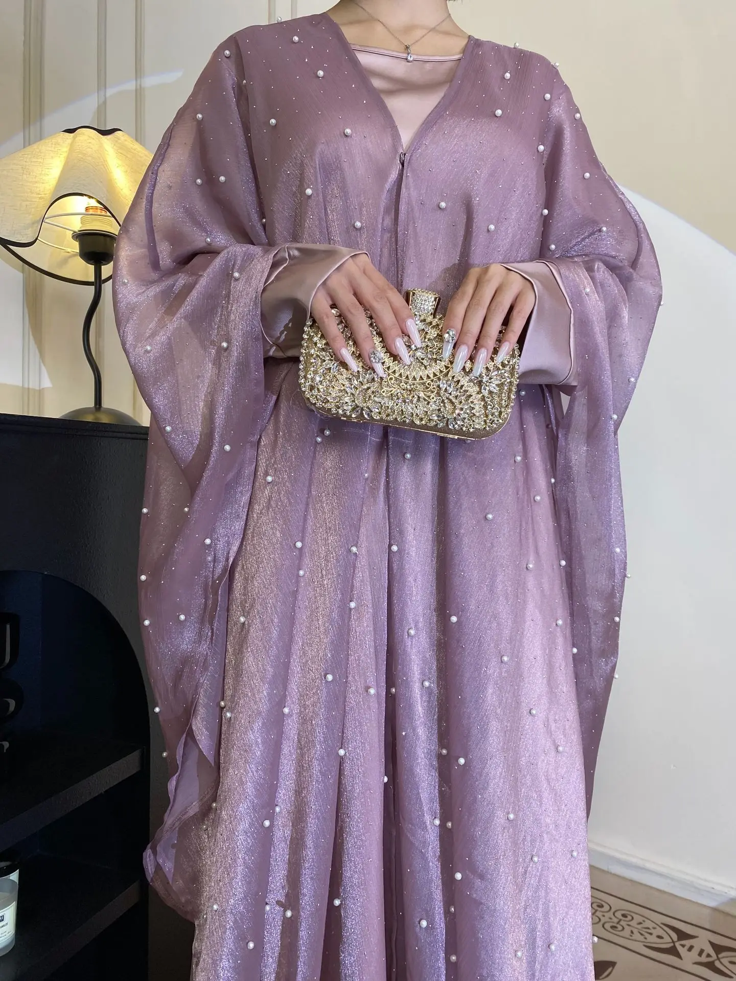 Ramadan Muslim Women Pearl Kimono Cardigan with Inner Dress 2 Piece Set Dubai Abaya Kaftan Turkey Evening Patry Gown Shiny Robes