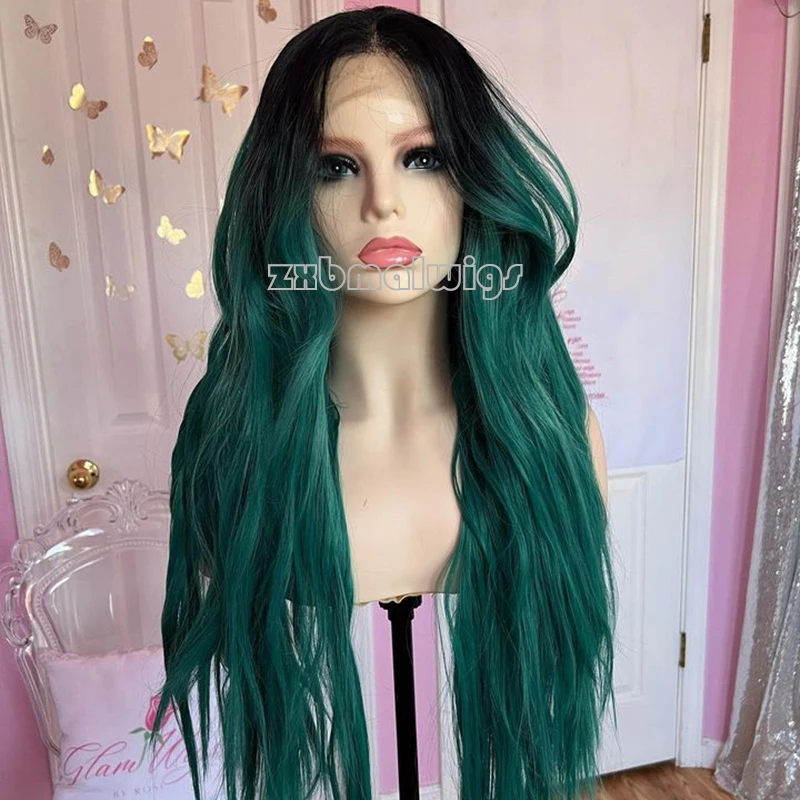 Ombre hijau Wig renda sintetis bergelombang Fashion berenda Wig depan untuk wanita bagian gratis Wig pesta Cosplay tahan panas