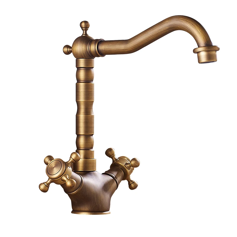 European Retro Brass Basin Faucet with Dual Handle,  Hot and Cold Rotatable Faucet for Bathroom Sink