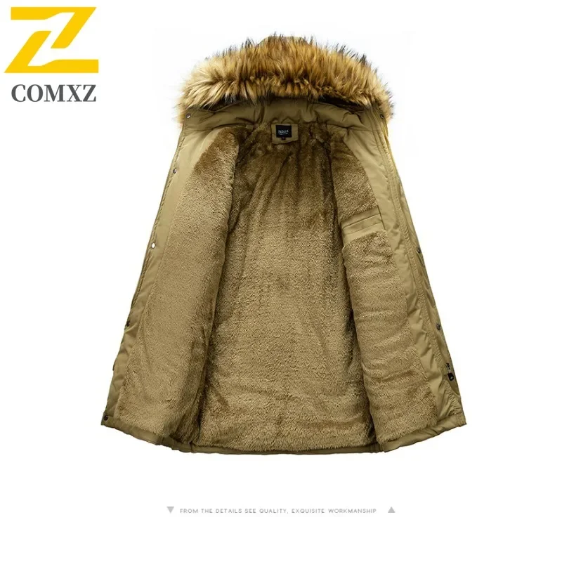 Comxz 2025 jaqueta masculina de algodão de comprimento longo de inverno moda gola de pele forro sherpa casual ao ar livre wear solto-ajuste quente parka