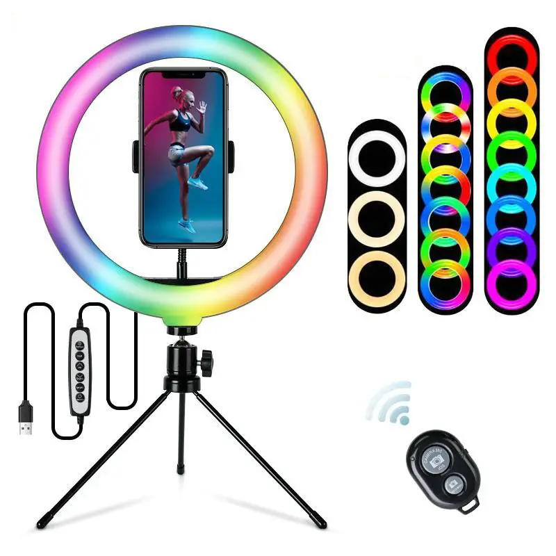 Anneau lumineux LED multicolore RVB, diamètre 26cm, alimenté par USB, avec trépied pour téléphone, éclairage annulaire pour selfie, diffusion en direct, photographie, maquillage, vidéo