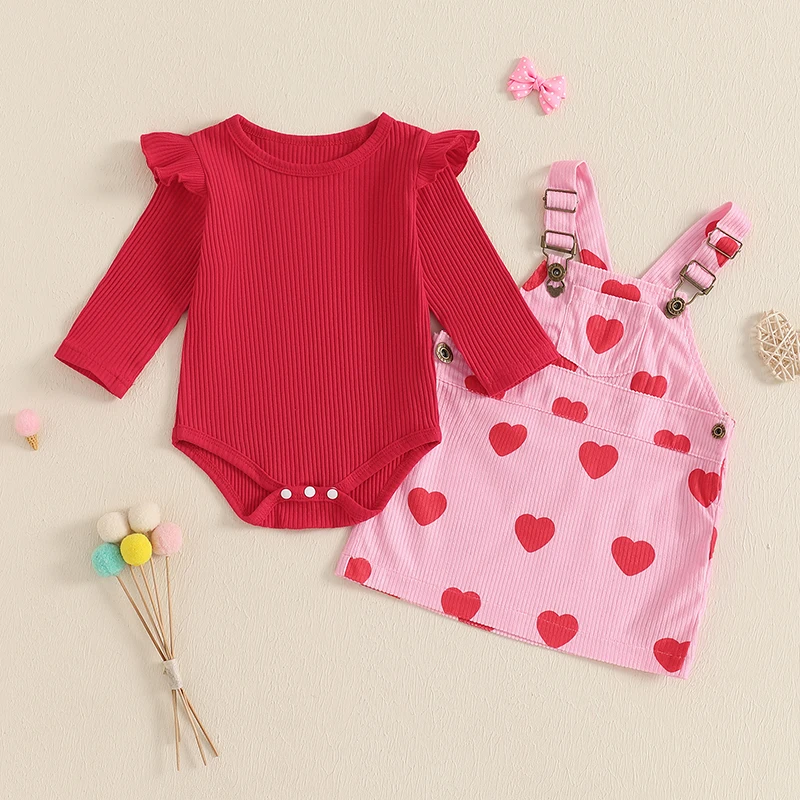 Baby Girls Valentine's Day Sets Solid Color Long Sleeve Romper Heart Print Suspender Skirt 2 Pieces Sets