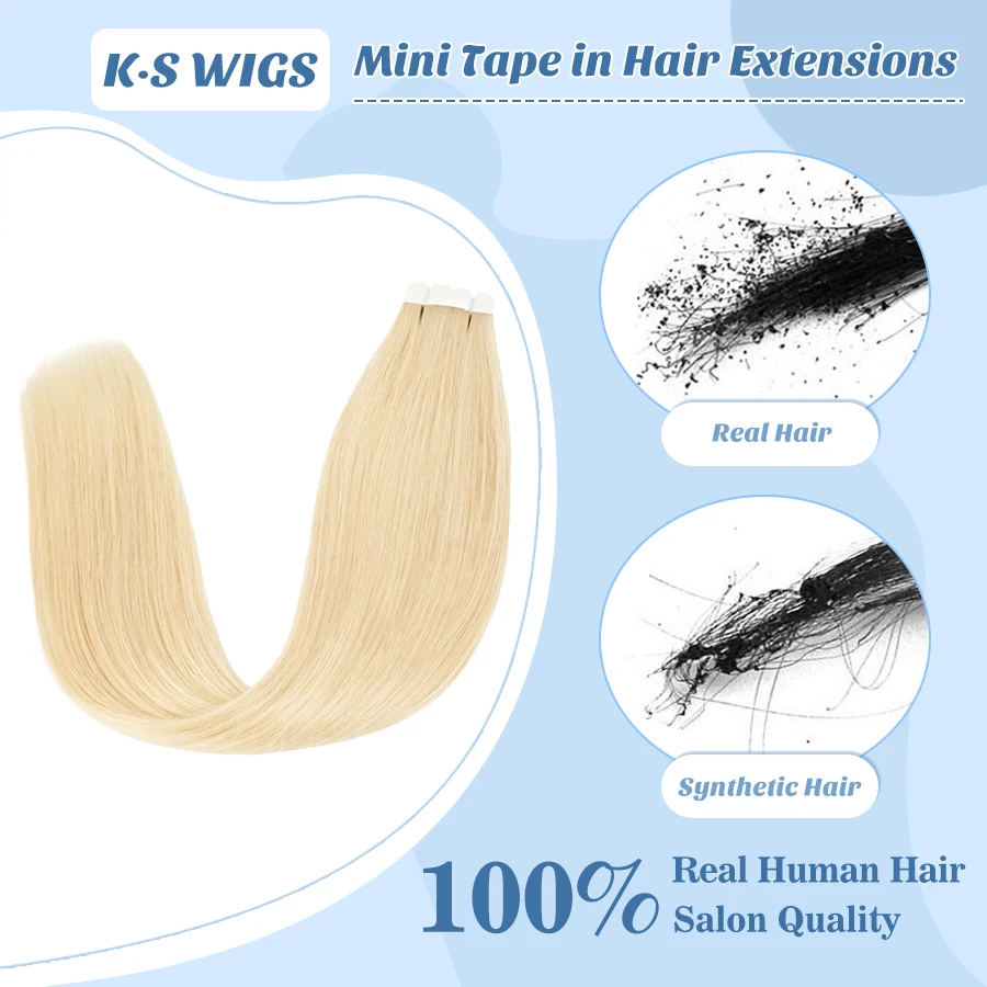 K.S WIGS 여성용 미니 테이프 헤어 익스텐션, 인모 스트레이트 심리스 스킨 웨프트, 실제 천연 브라질 헤어, 발라야지 10 개