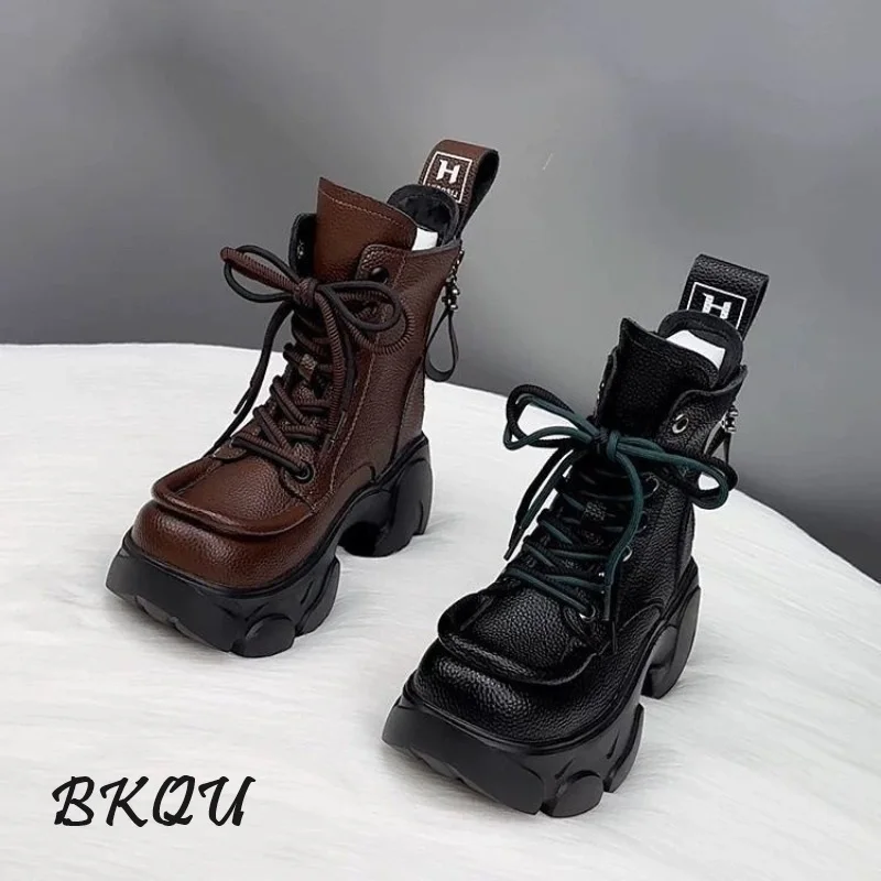 

BKQU Thick Sole Design Sense Women's Boots Female 024 Autumn Burst Retro Fashion British Style Small Height Increase Ankle Boots