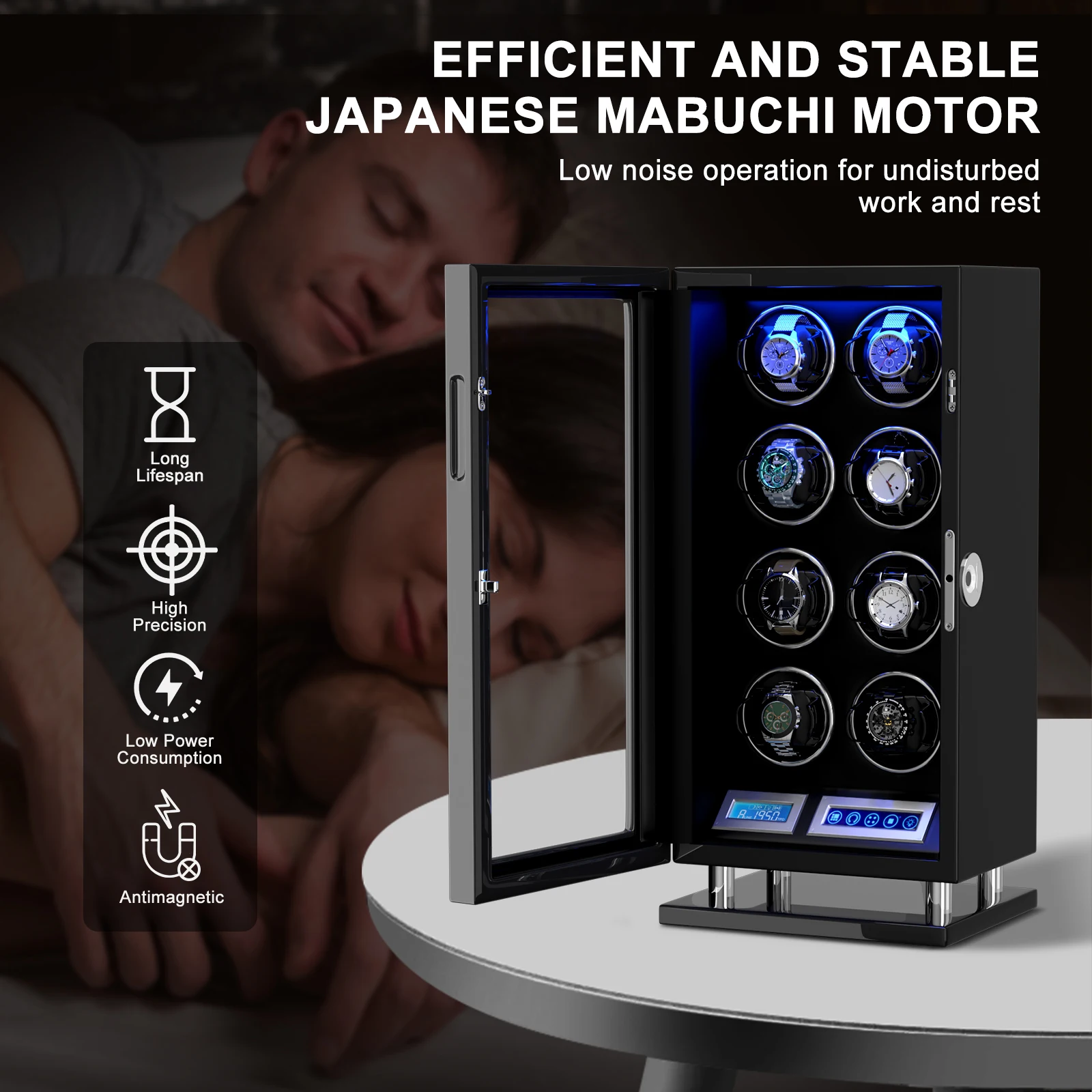 Kotak Penyimpanan Penggulung Jam Otomatis untuk 8 Jam Tangan, Buka Kunci dengan Sidik Jari dengan Motor yang Tenang dan Lampu LED.