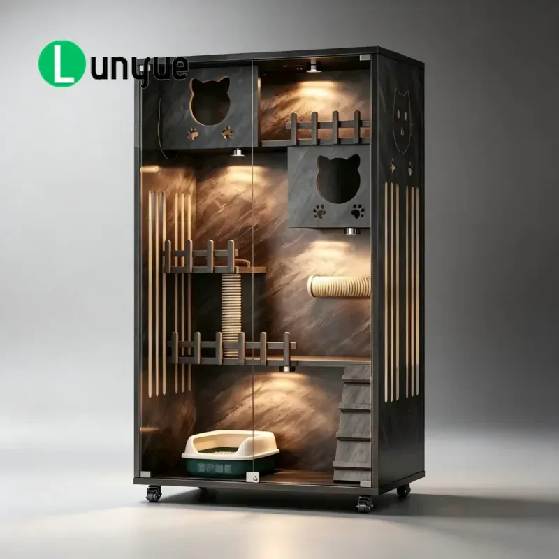 Large Wooden Breathable Waterproof Cat House with Toilet Drawer and AC Box Light Luxury Indoor Pet Bed for Four Seasons Use