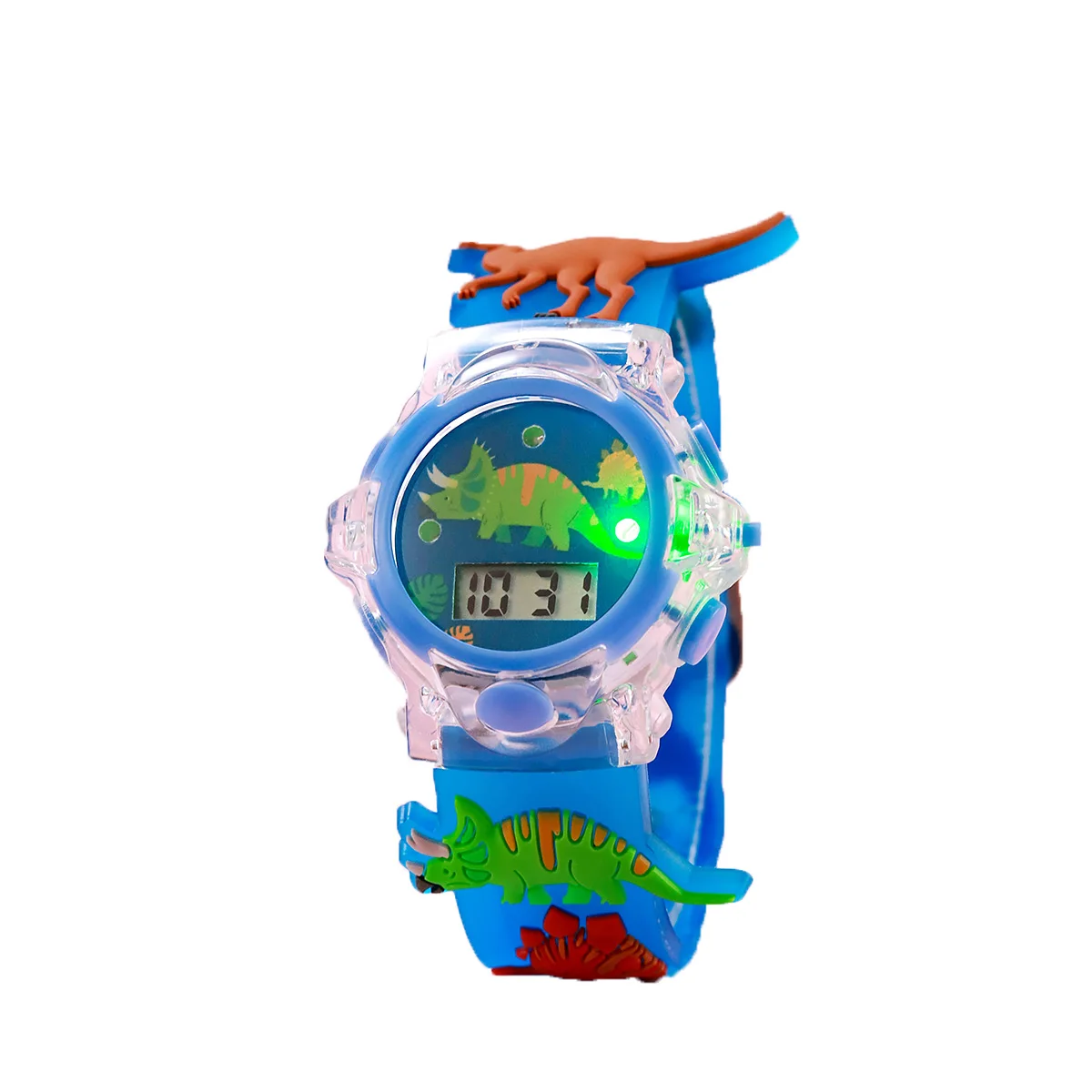 

Cute cartoon dinosaur light-up watch with transparent case, silicone band, digital watch, suitable for Thanksgiving and Christma