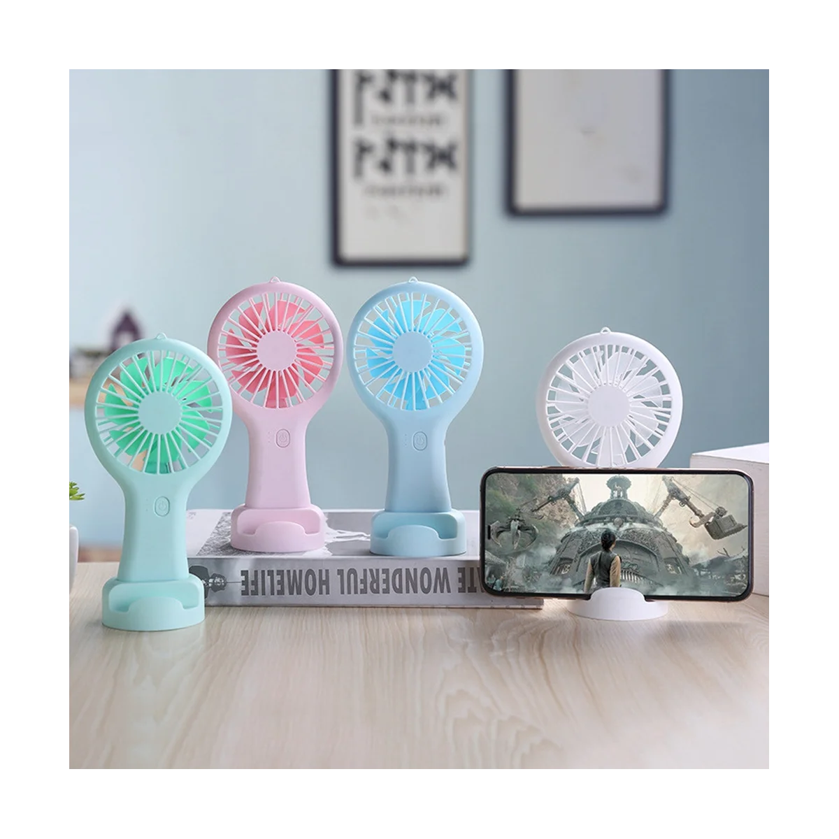 Handheld Mini Fan Portable USB Charging Convenient Small Fans Catapult Pocket Hand-Held Fan with Base Outdoor Fan-Green