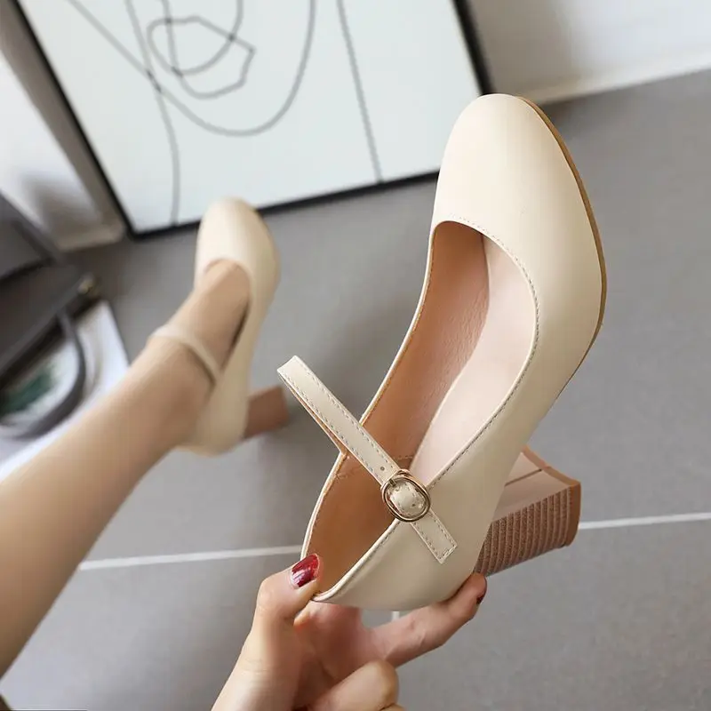 SIMLOVEYO trendy girlish Mary Jane dress shoes round toe chunky heel 7cm fastener band wide fit 44 45 46 sweet spring footwear