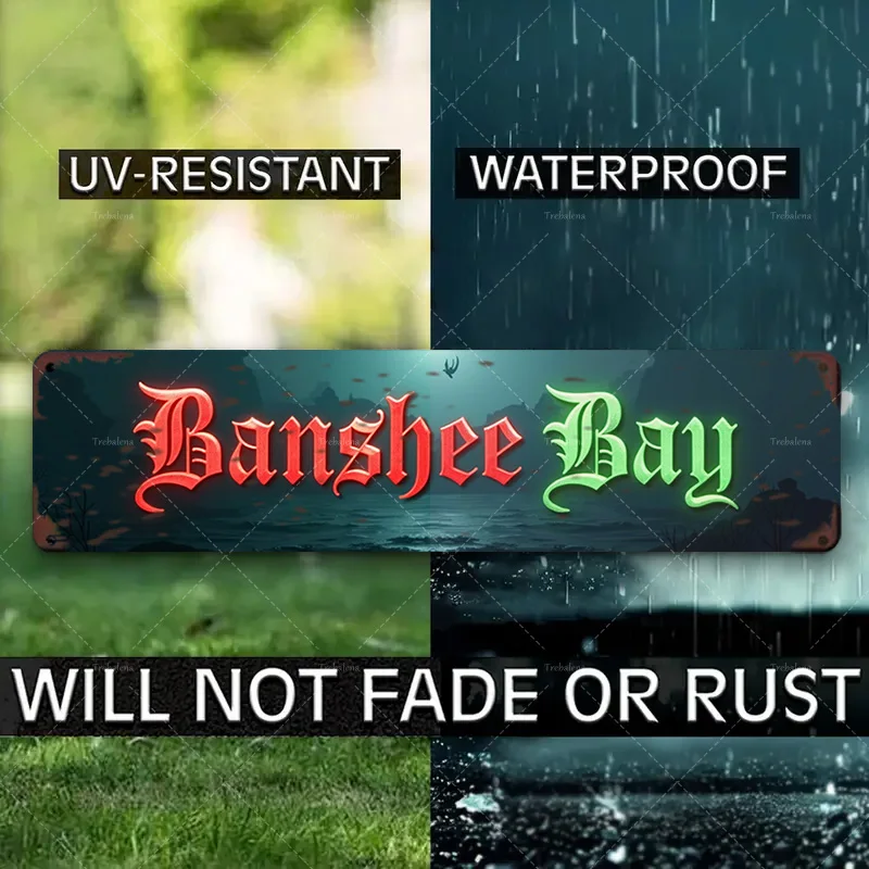 1pc Metal Sign, 4x16inch "Banshee Bay: Spooky Neon Sign for Haunted House Decor"