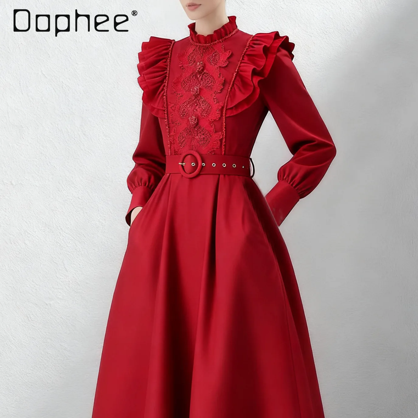 

Vintage Elegant Stand Collar Ruffled Long Sleeve Slim Long Dress Women High-end Luxurious Evening Dresses New Year Christmas