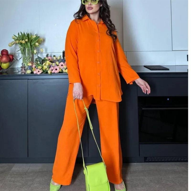 Pant Sets Casual 2 Piece Set Women 2025 Fashion Long Sleeve Solid Blouse Shirts And Wide Leg Pants New In Matching Sets Elegant