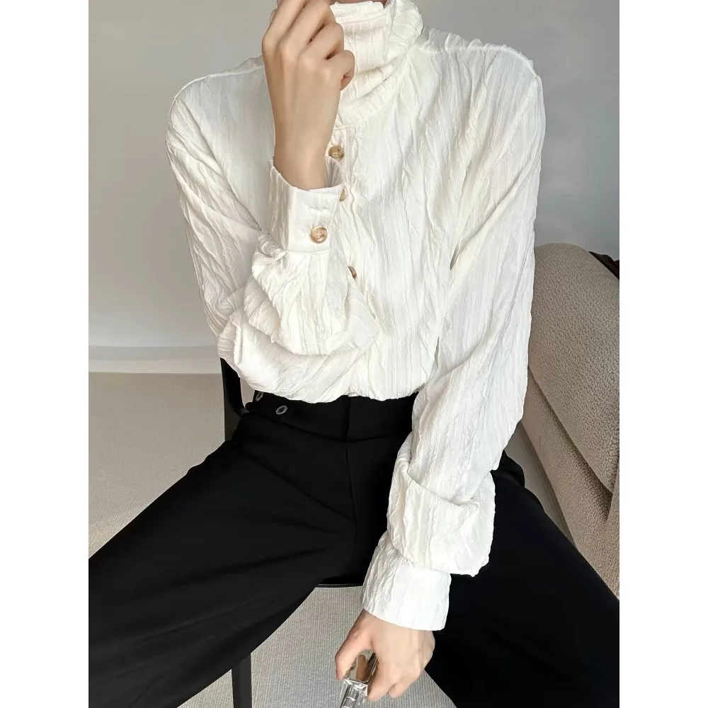 التجاعيد الملمس الإحساس القمصان للرجال الوقوف طوق كم طويل فضفاض قميص ربيع الخريف خمر الفرنسية موضة عادية