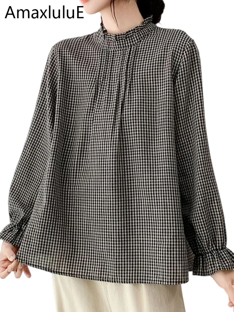 

Amax LuluE 2025 Fall European Womens Luxury Plaid Vintage Shirts Ladies Fashion Loose Tops Cotton Elegant Classic Casual Blouses