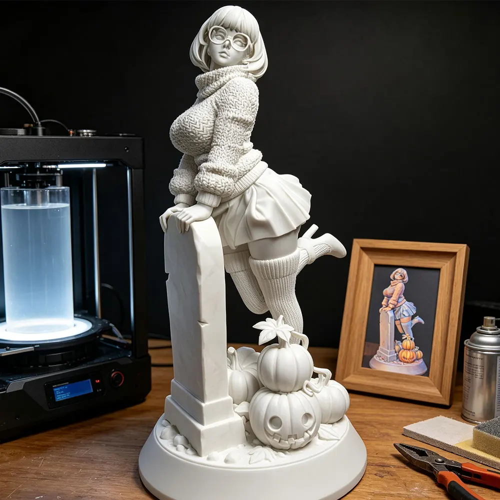1/24 Miniature Resin Statue 75mm Handmade Model Kit, 3D Printed Unpainted Resin Model That Requires Hand Painting, Cemetery Pumpkin Glasses Girl Suitable for Role-Playing Games and Collection, Miniature Female Character Decoration - Detailed Poses and Sculptures