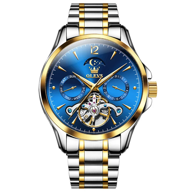 OLEVS Automatic Self-Wind Watches Men's Stainless Steel Moon Phase Waterproof Skeleton Tourbillon Mechanical Watch Men Reloj