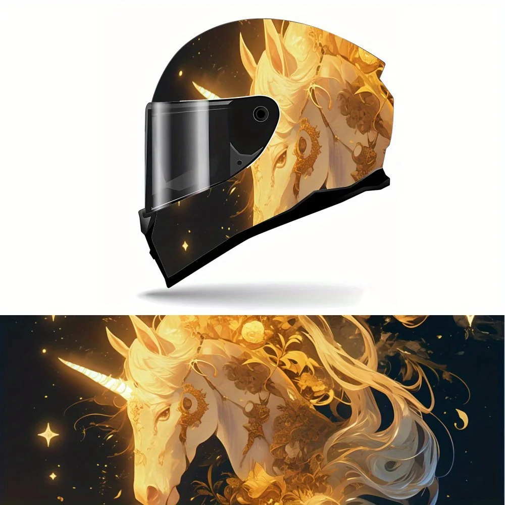 

Majestic Golden Unicorn and Sparkling Star PVC Motorcycle Helmet Vinyl Wrap, Self-Adhesive Waterproof Sticker, Anti-Scratch Deco