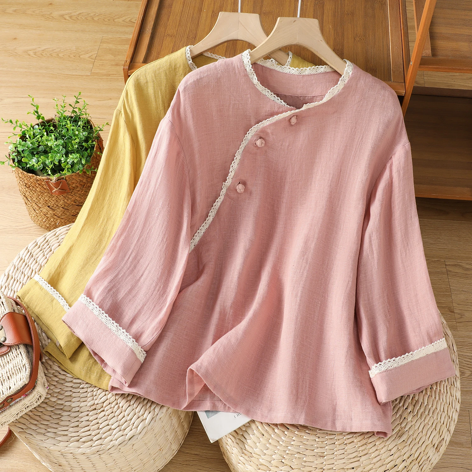 

Новая осенняя удобная женская футболка из хлопка и льна в китайском стиле, тонкая однотонная футболка с этническим ветром, повседневная одежда, дышащая ло...